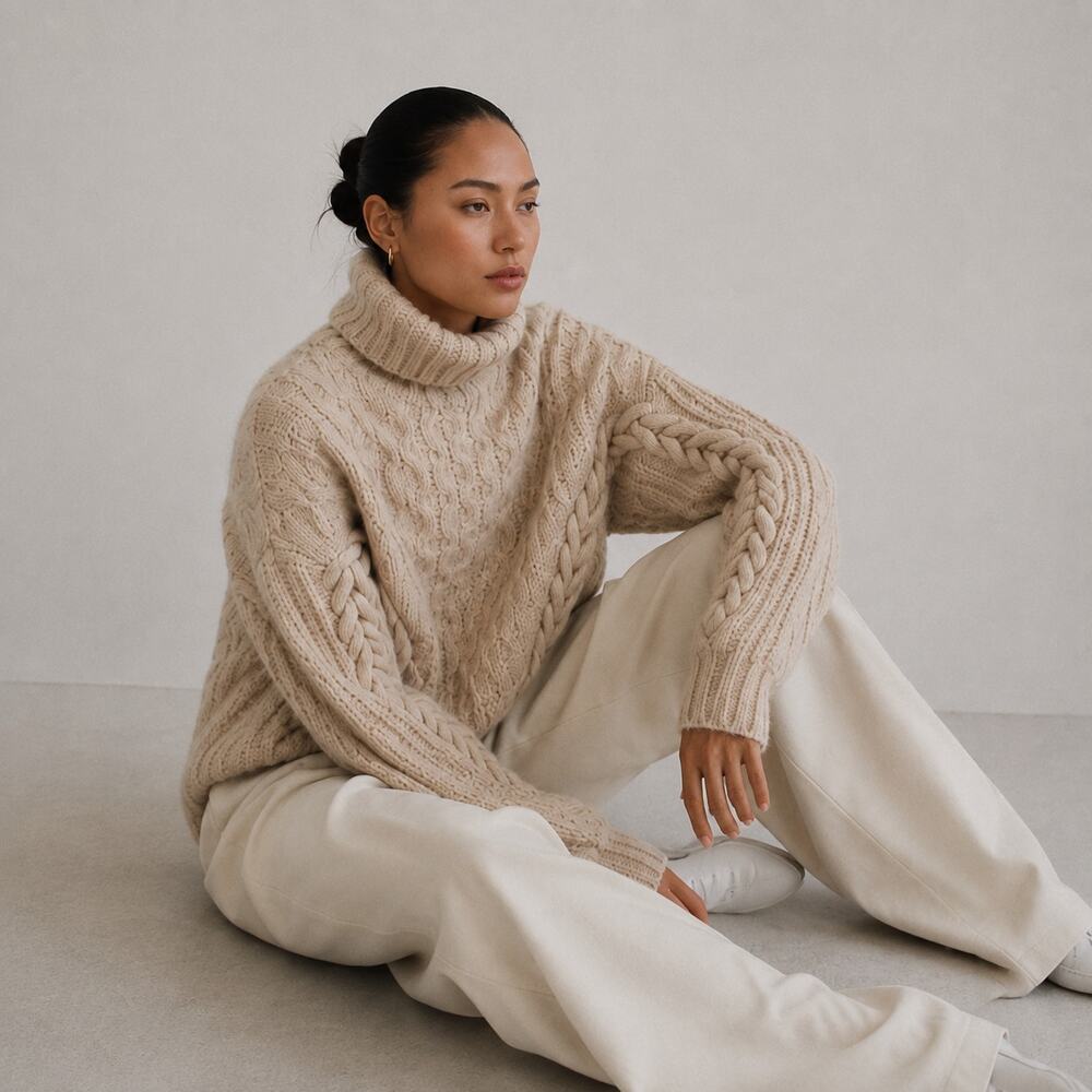 HM H&M Wool Blend Cable-knit Turtleneck Sweater Womens M Beige Long Sleeve
